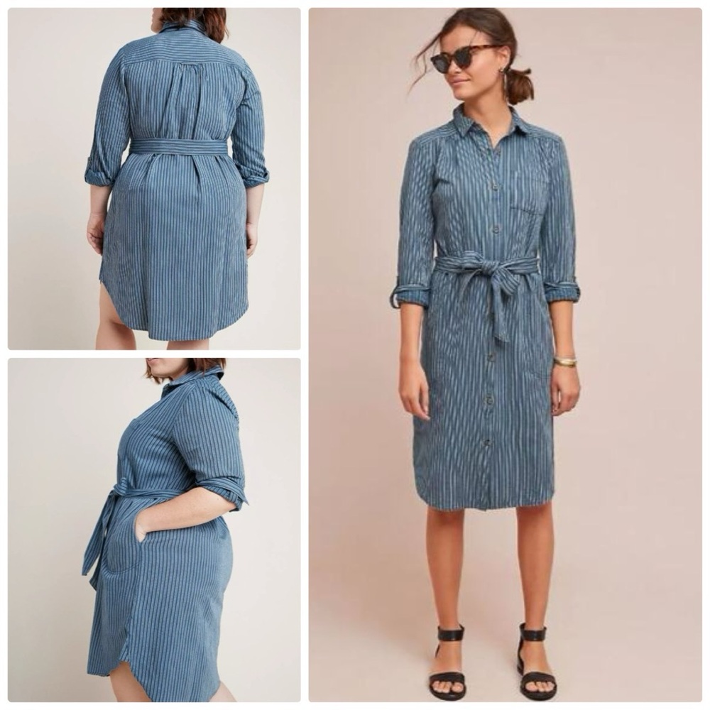 Anthropologie Bellamy striped linen blend shirt dress in striped blue - 14